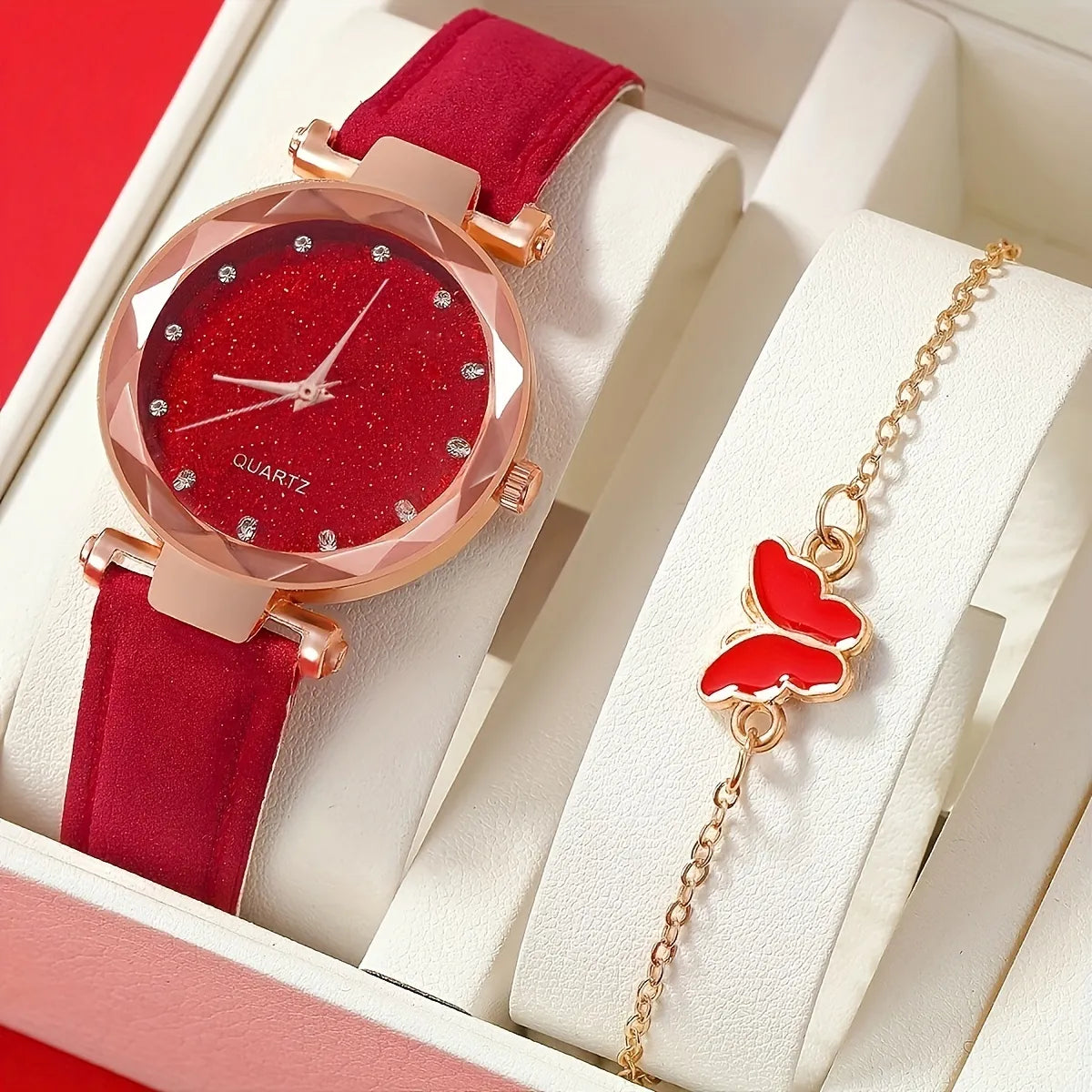 Cute & Simple Zinc Alloy Quartz Watch With Round Rhinestone Dial & Bracelet Set