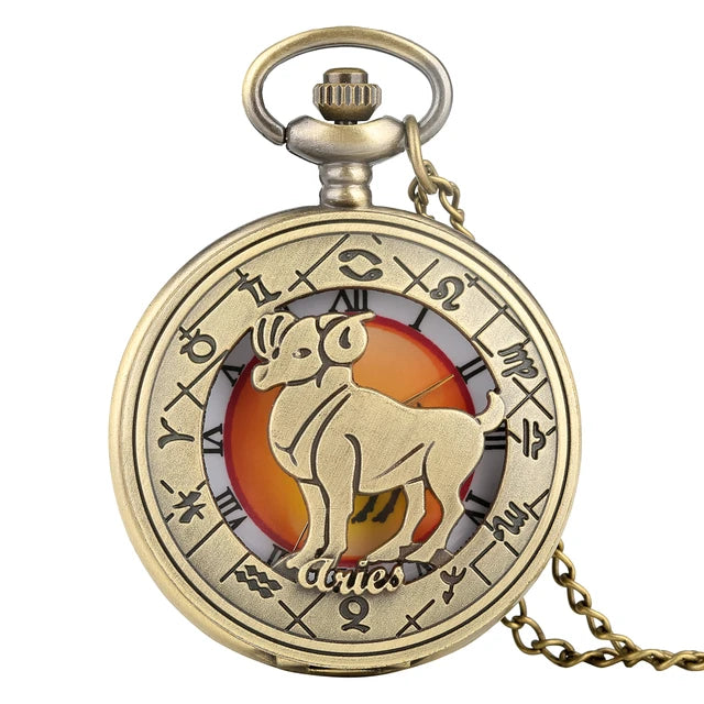 Twelve Constellations Pocket Watch And Chain Ladies Men's Zodiac - Aries