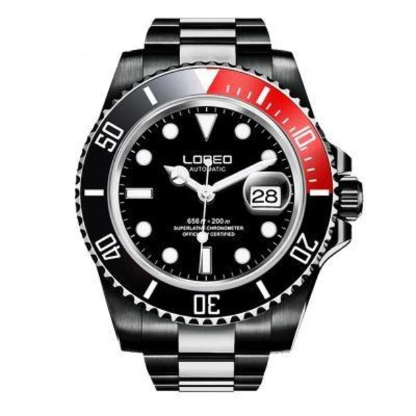 Loreo Stainless Steel Mens Mechanical Chronograph Divers Watch Dark Band Black Dial Black Red