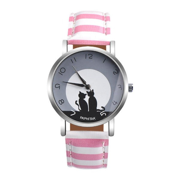 Cat Lovers Womens Cute Cat Analog Watch Pink / White Stripe