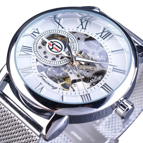 Forsining Mens Skeleton Sport Mechanical Watch Luminous Hands Mesh Band White