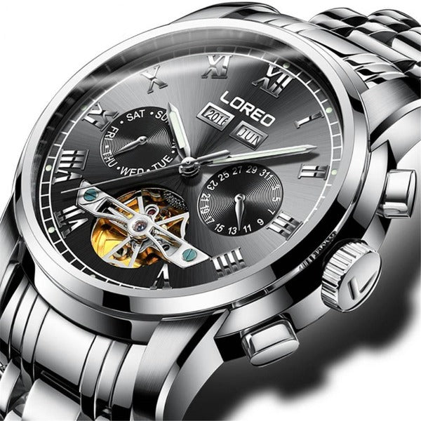 Loreo Mens Sport Luminous Automatic Mechanical Watch Silver Black