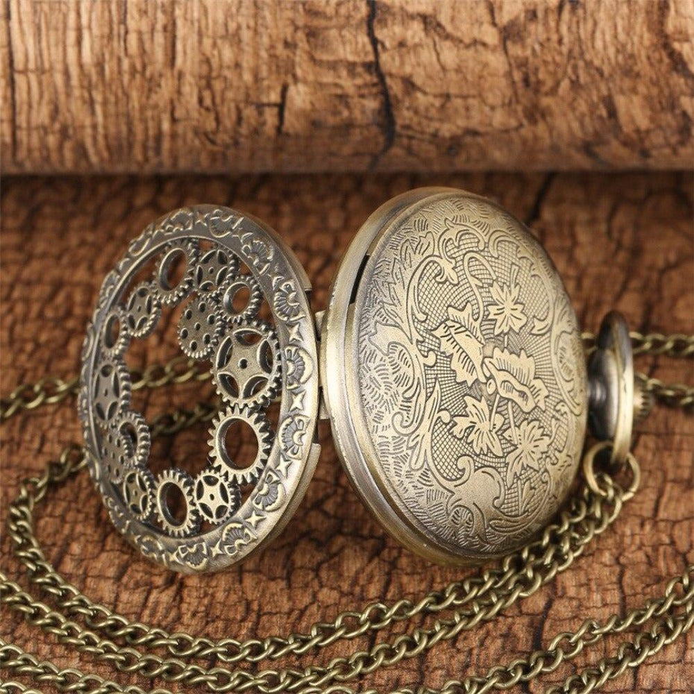 Vintage Bronze Gear Movement Pocket Watch with Chain Necklace Pendant
