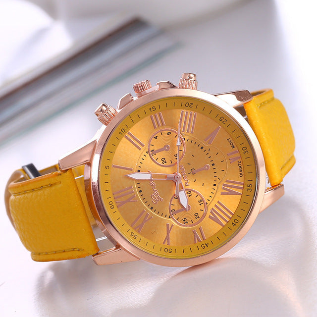Time For All Kinds - Geneva Roman Numerals Faux Leather Analog Ladies Quartz Watch
