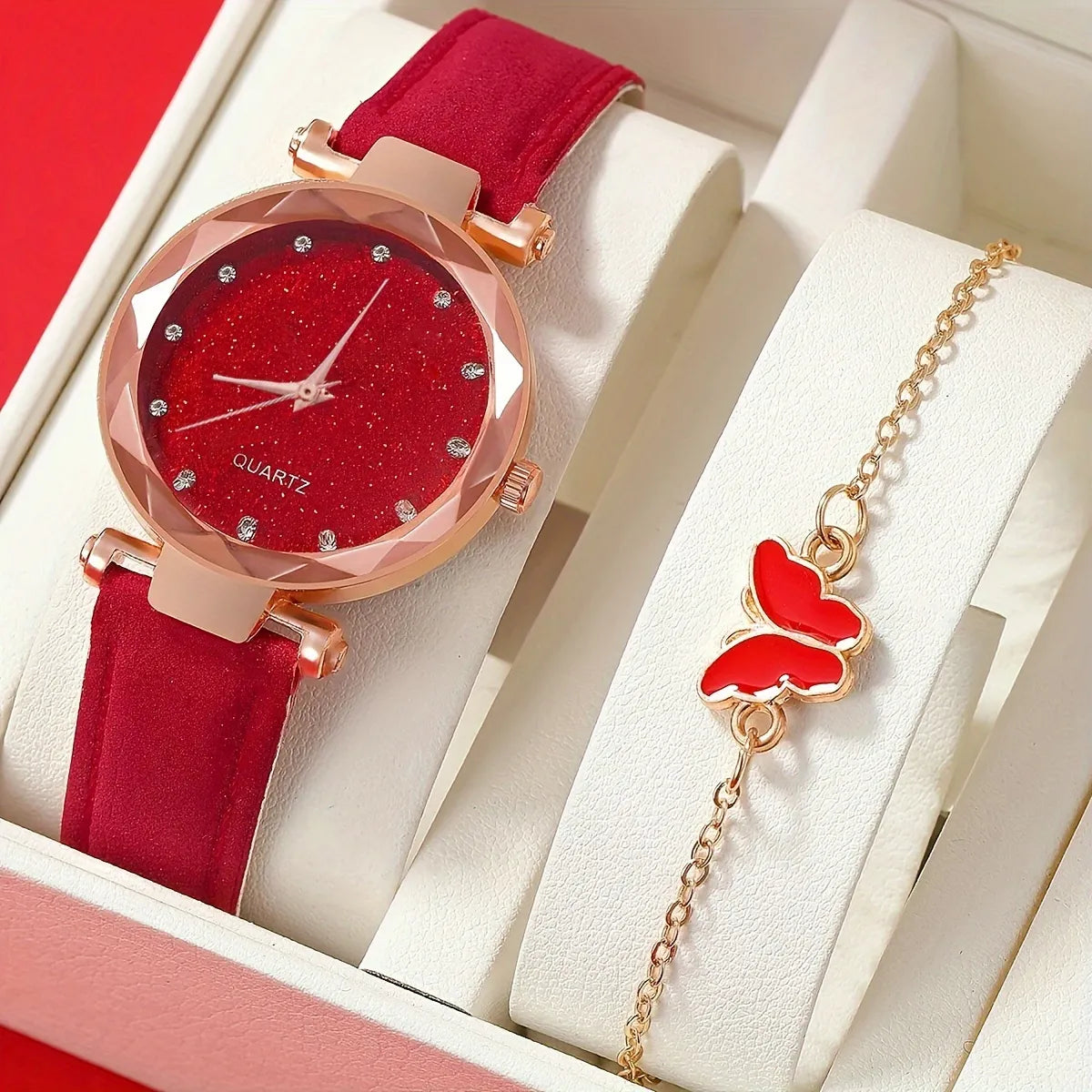Cute & Simple Zinc Alloy Quartz Watch With Round Rhinestone Dial & Bracelet Set - Red Butterfly