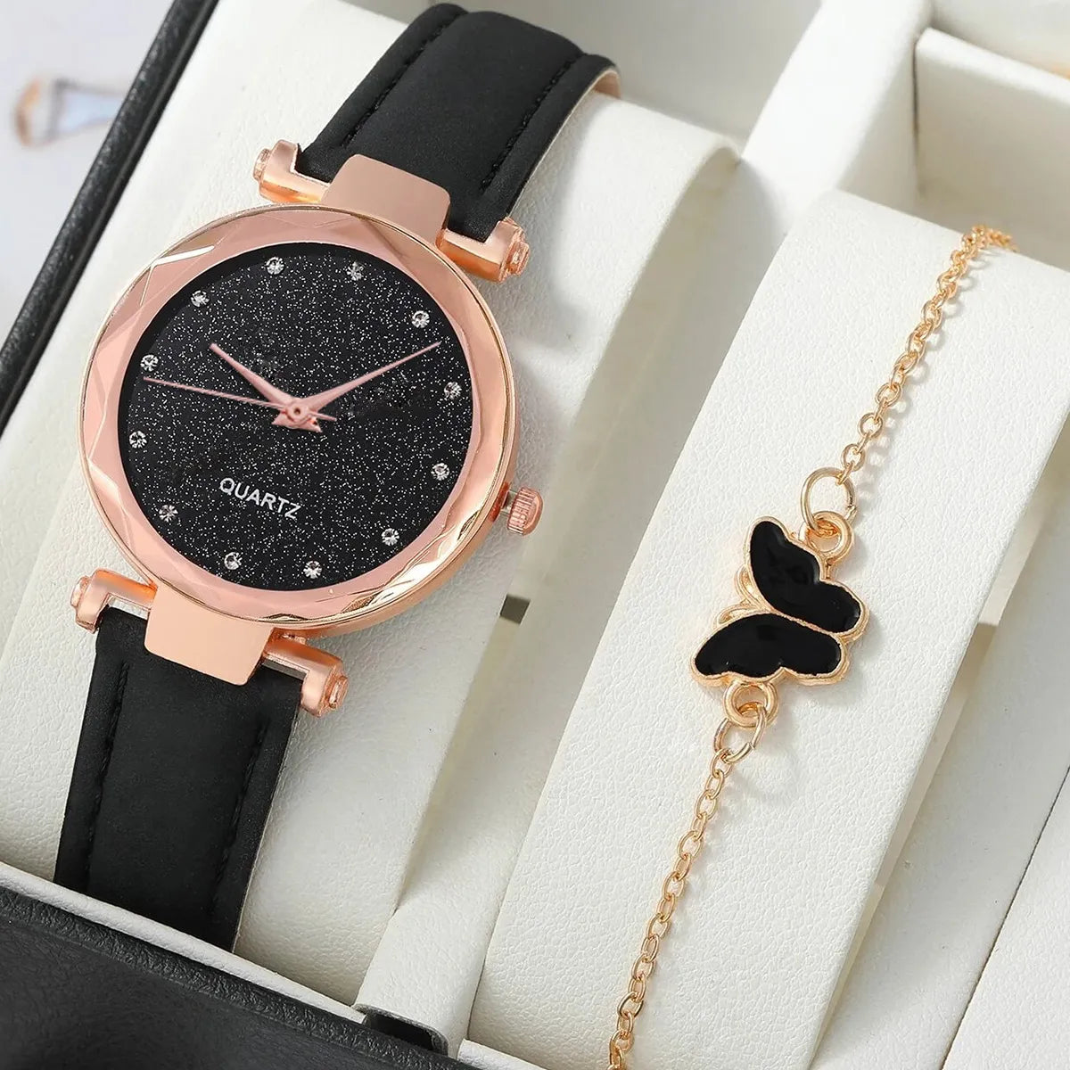 Cute & Simple Zinc Alloy Quartz Watch With Round Rhinestone Dial & Bracelet Set - Black Butterfly