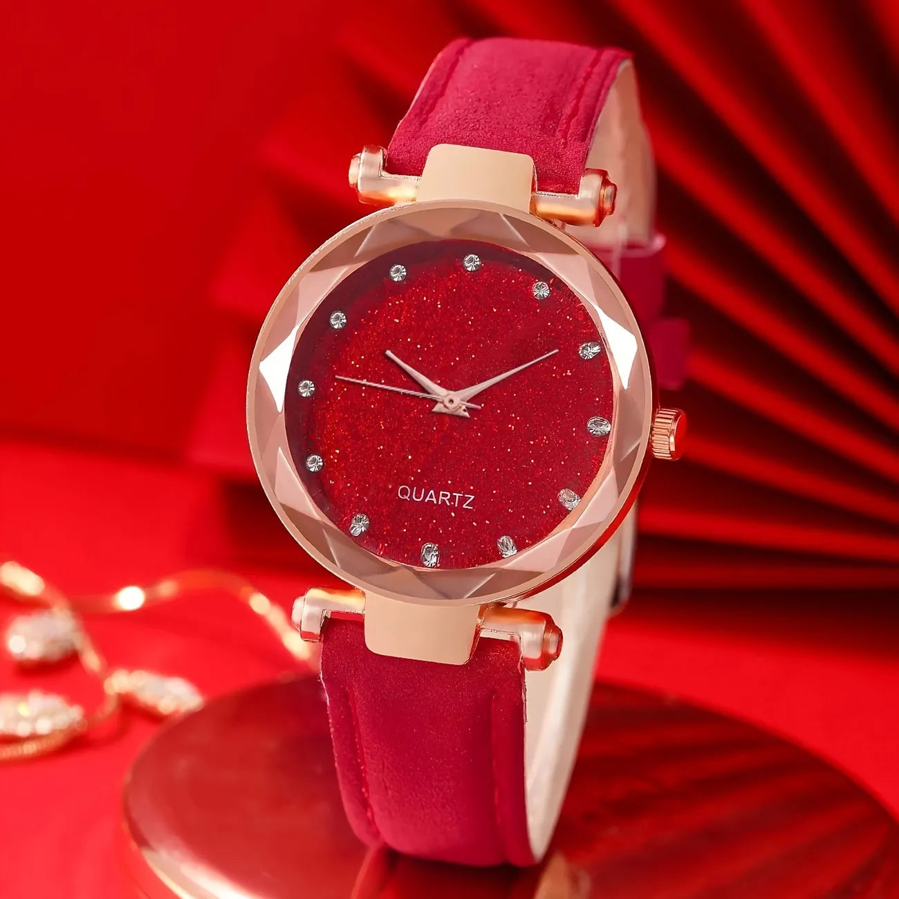 Cute & Simple Zinc Alloy Quartz Watch With Round Rhinestone Dial & Bracelet Set