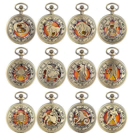 Twelve Constellations Pocket Watch And Chain Ladies Men's Zodiac