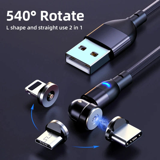 540° Rotating Magnetic Charging Cable Adaptable For Micro USB, USB Type C, Or Iphones 8pin