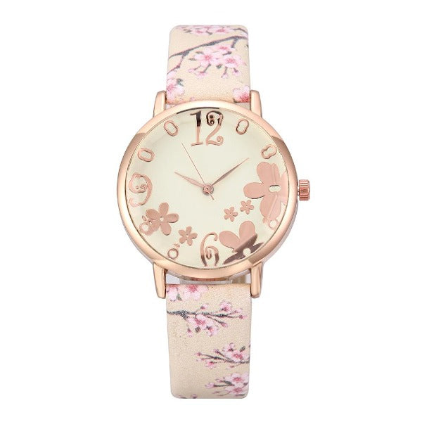 Ladies Floral Dial Leather Bracelet Watch Yellow