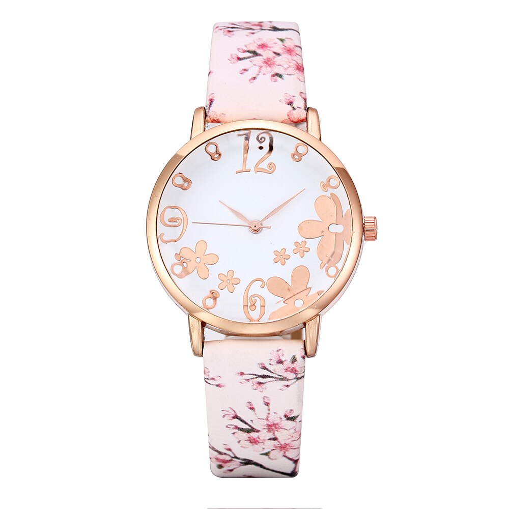 Ladies Floral Dial Leather Bracelet Watch