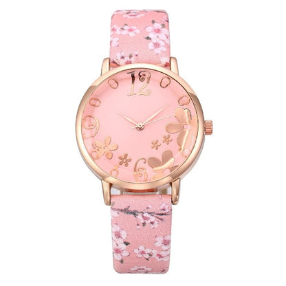 Ladies Floral Dial Leather Bracelet Watch Pink