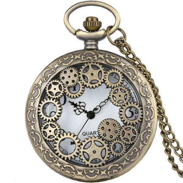 Vintage Bronze Gear Movement Pocket Watch with Chain Necklace Pendant