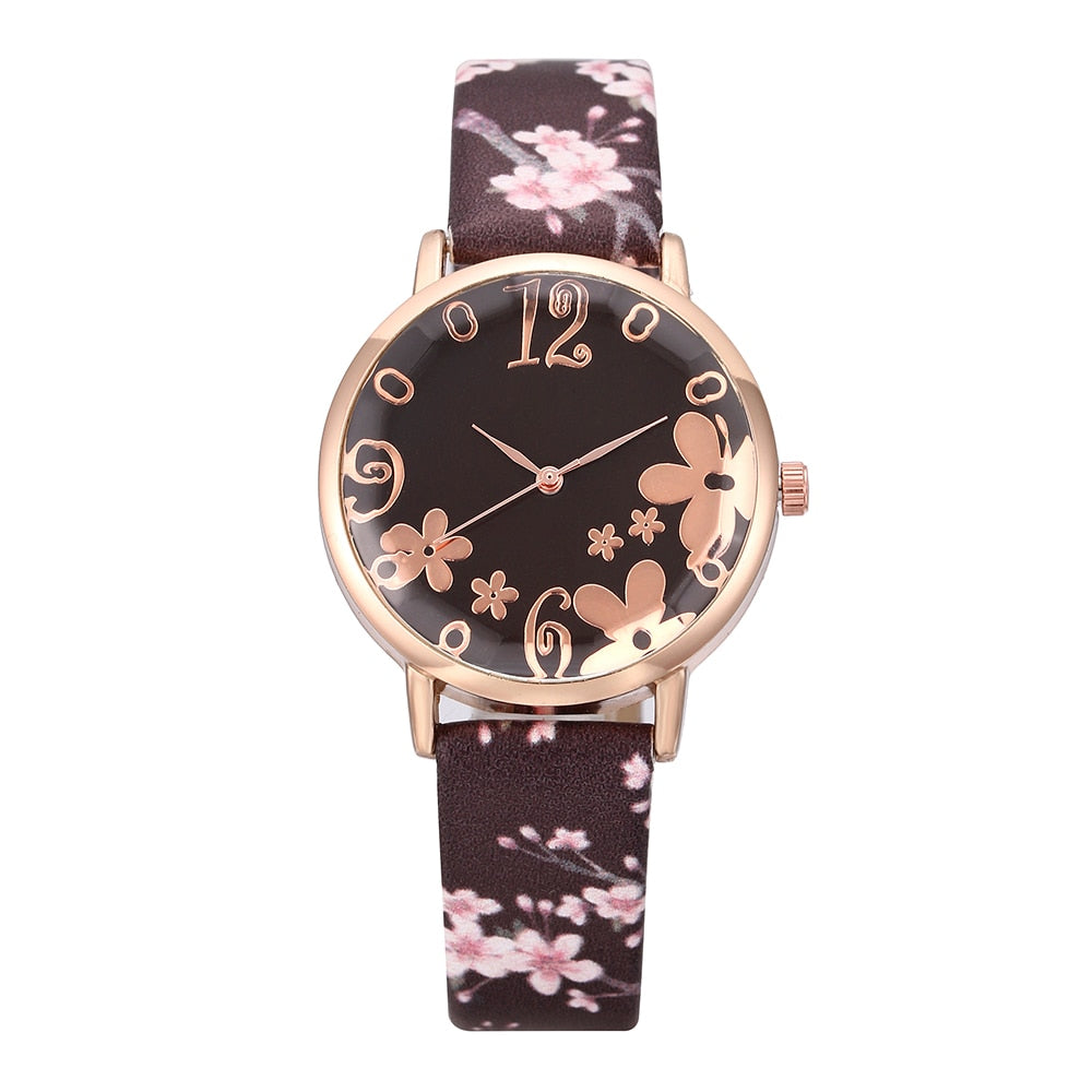 Ladies Floral Dial Leather Bracelet Watch