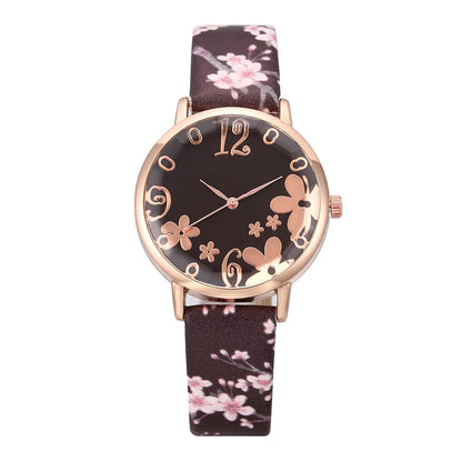 Ladies Floral Dial Leather Bracelet Watch