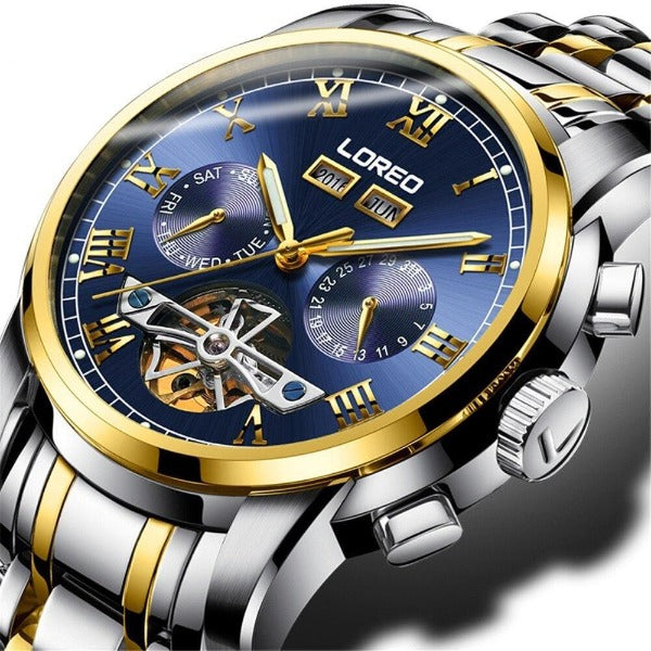 Loreo Mens Sport Luminous Automatic Mechanical Watch Gold Blue Silver