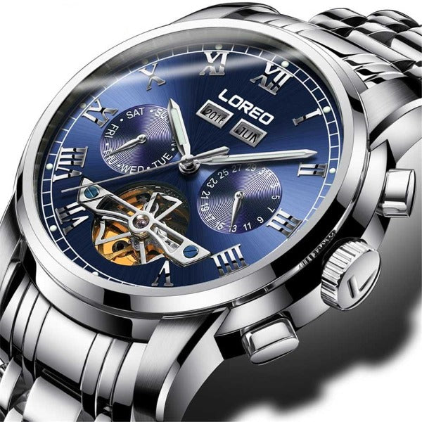 Loreo Mens Sport Luminous Automatic Mechanical Watch Silver Blue
