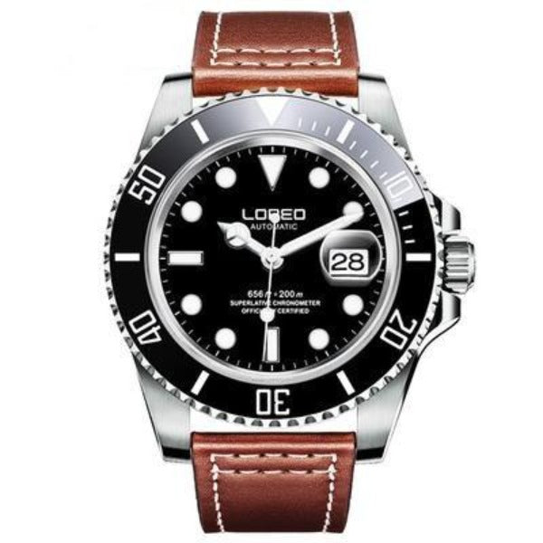 Loreo Stainless Steel Mens Mechanical Chronograph Divers Watch Brown Band Black Dial