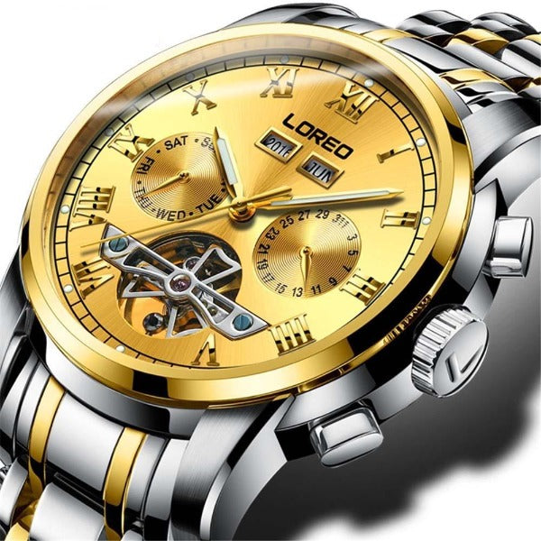 Loreo Mens Sport Luminous Automatic Mechanical Watch Gold Silver