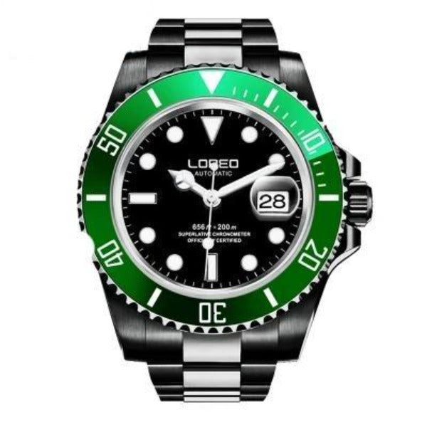 Loreo Stainless Steel Mens Mechanical Chronograph Divers Watch Dark Band Black Dial Green