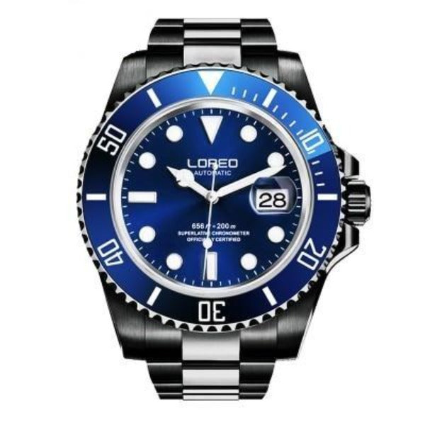 Loreo Stainless Steel Mens Mechanical Chronograph Divers Watch Dark Band Blue Dial