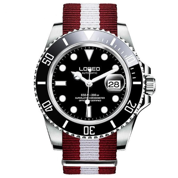 Loreo Stainless Steel Mens Mechanical Chronograph Divers Watch Red White Band Black Dial