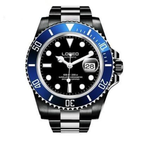 Loreo Stainless Steel Mens Mechanical Chronograph Divers Watch Dark Band Black Dial Blue