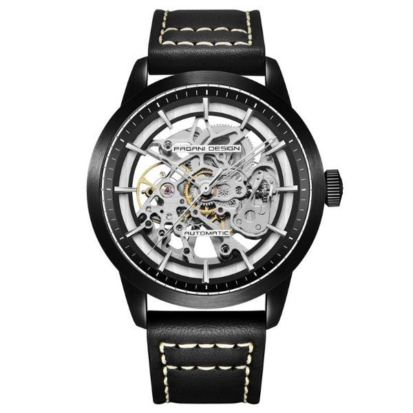 Pagani Design Mens Skeleton Hollow Mechanical Watch Silver Black
