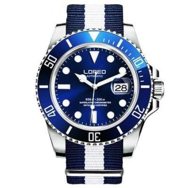 Loreo Stainless Steel Mens Mechanical Chronograph Divers Watch Blue White Band Blue Dial