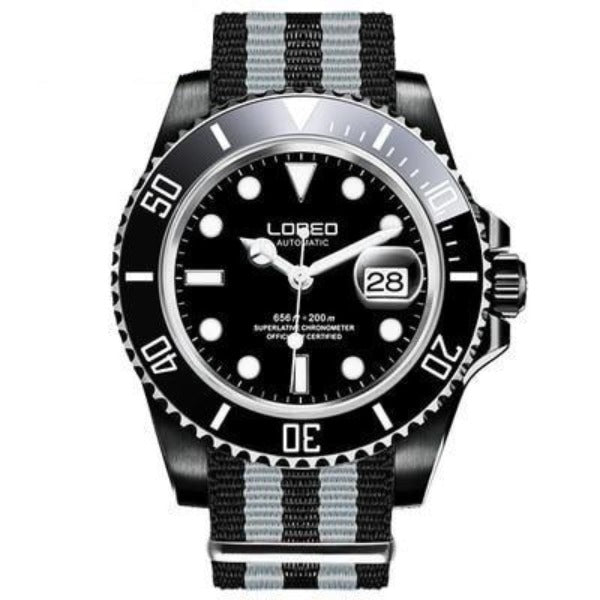 Loreo Stainless Steel Mens Mechanical Chronograph Divers Watch Grey Black Band Black Dial