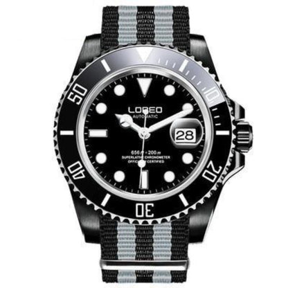 Loreo Stainless Steel Mens Mechanical Chronograph Divers Watch Grey Black Band Black Dial
