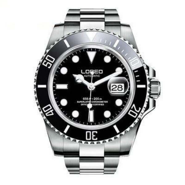Loreo Stainless Steel Mens Mechanical Chronograph Divers Watch Light Band Black Dial