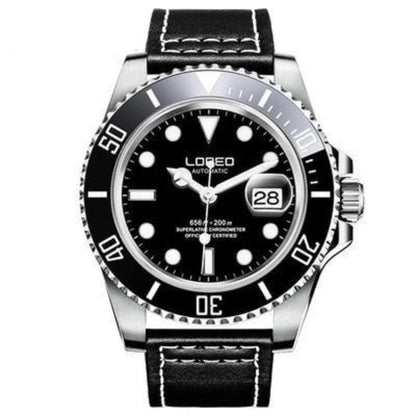 Loreo Stainless Steel Mens Mechanical Chronograph Divers Watch Black Band Black Dial