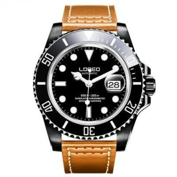 Loreo Stainless Steel Mens Mechanical Chronograph Divers Watch Tan Band Black Dial