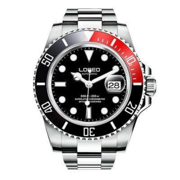 Loreo Stainless Steel Mens Mechanical Chronograph Divers Watch Light Band Black Dial Black Red