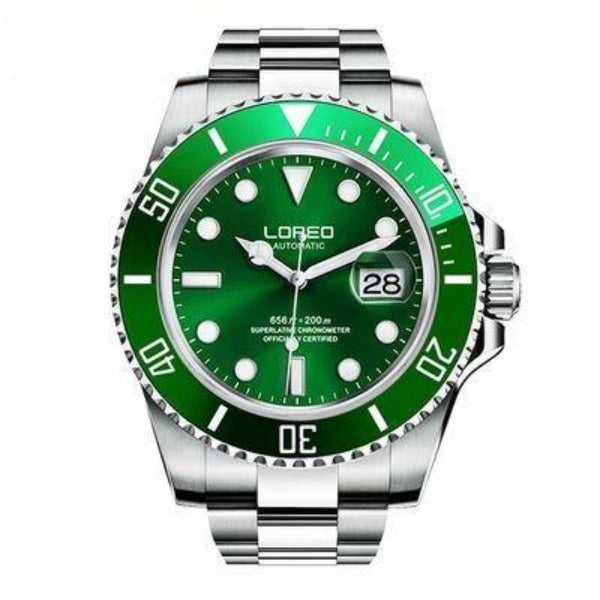 Loreo Stainless Steel Mens Mechanical Chronograph Divers Watch Light Band Green Dial
