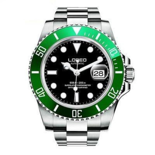 Loreo Stainless Steel Mens Mechanical Chronograph Divers Watch Light Band Black Dial Green