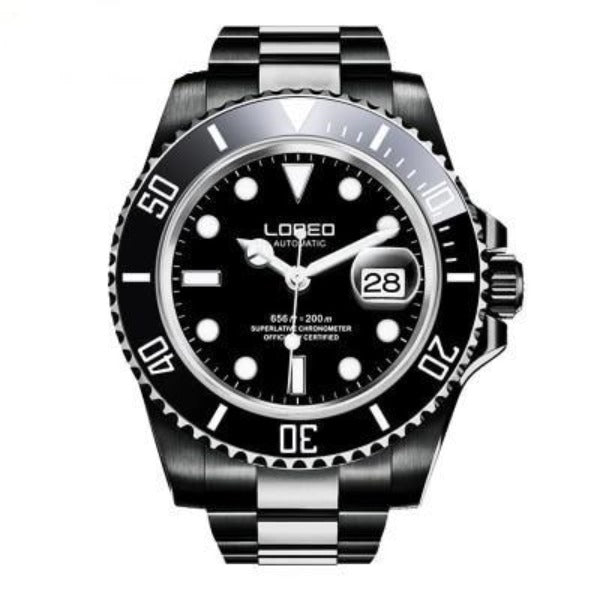 Loreo Stainless Steel Mens Mechanical Chronograph Divers Watch Dark Band Black Dial