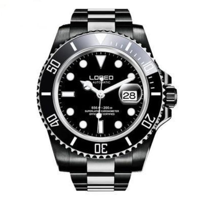 Loreo Stainless Steel Mens Mechanical Chronograph Divers Watch Dark Band Black Dial