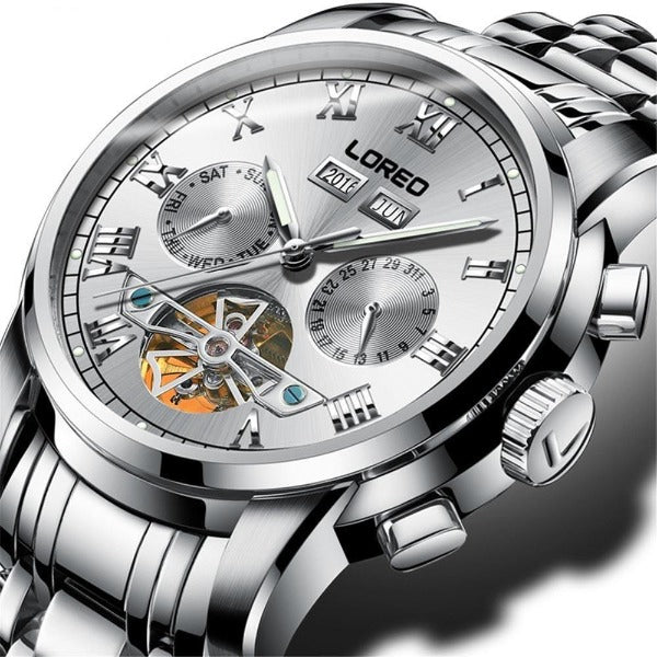 Loreo Mens Sport Luminous Automatic Mechanical Watch Silver White