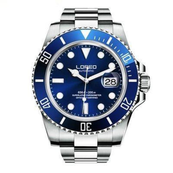 Loreo Stainless Steel Mens Mechanical Chronograph Divers Watch Light Band Blue Dial