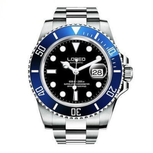 Loreo Stainless Steel Mens Mechanical Chronograph Divers Watch Light Band Black Dial Blue