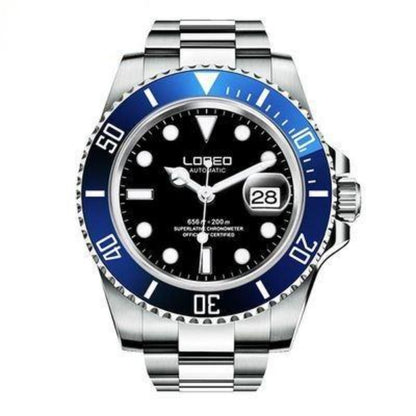 Loreo Stainless Steel Mens Mechanical Chronograph Divers Watch Light Band Black Dial Blue