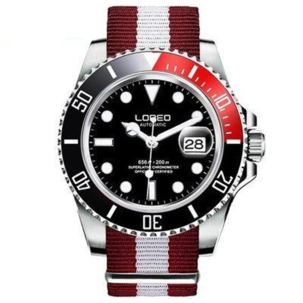 Loreo Stainless Steel Mens Mechanical Chronograph Divers Watch Red White Band Black Dial Black Red