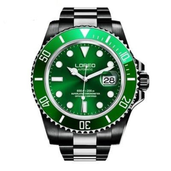 Loreo Stainless Steel Mens Mechanical Chronograph Divers Watch Dark Band Green Dial