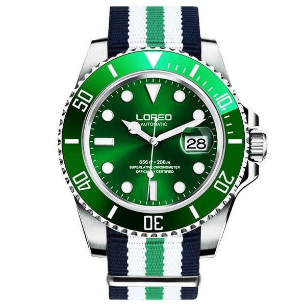 Loreo Stainless Steel Mens Mechanical Chronograph Divers Watch Blue White Green Band Green Dial