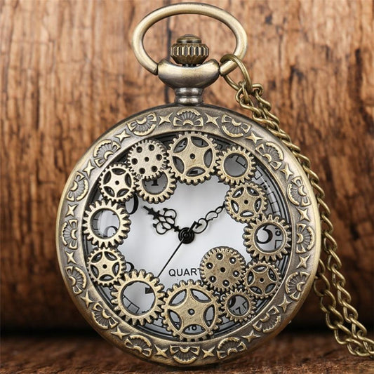 Vintage Bronze Gear Movement Pocket Watch with Chain Necklace Pendant