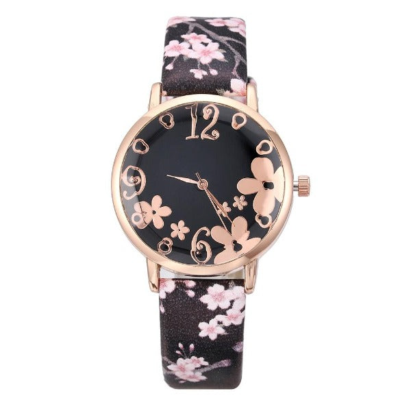 Ladies Floral Dial Leather Bracelet Watch Black