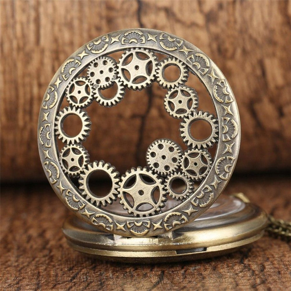 Vintage Bronze Gear Movement Pocket Watch with Chain Necklace Pendant