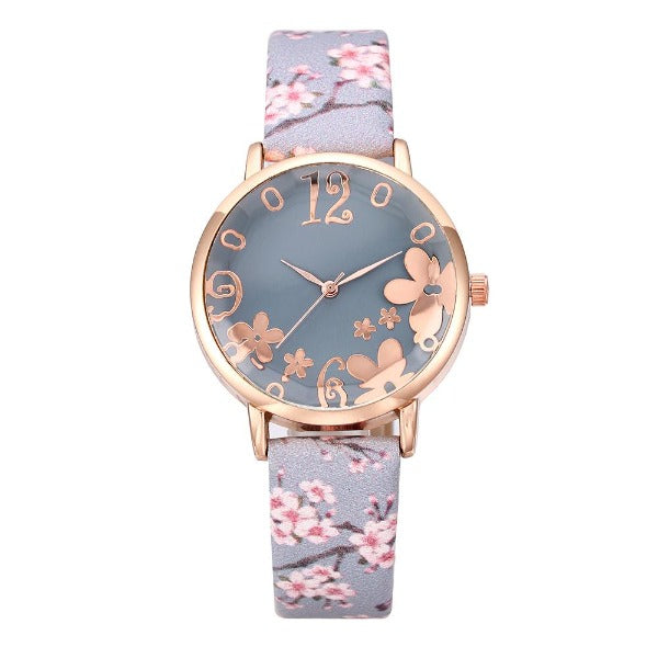 Ladies Floral Dial Leather Bracelet Watch Blue